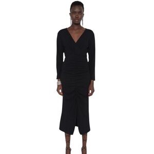 Zara Black Draped Midi Dress Long Sleeve Ruched Bodycon Size Small NWT
